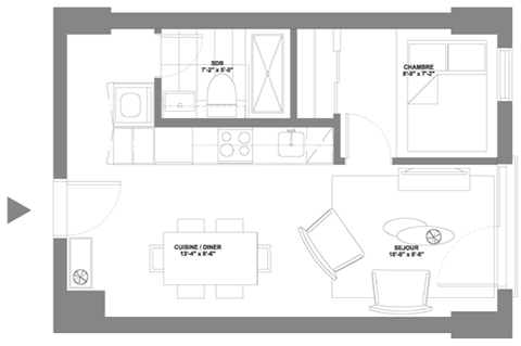 Floor plan for 1 bed, 1 bath, 430 sqft